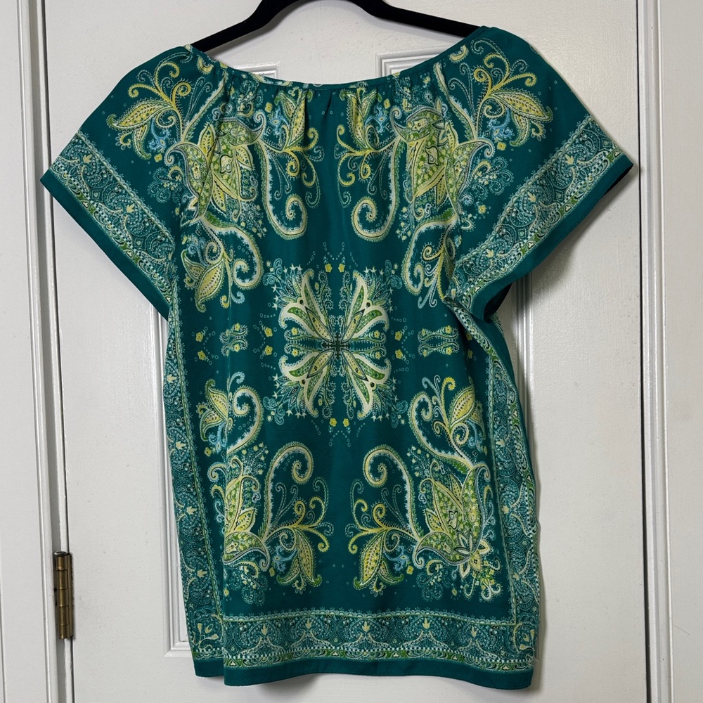 LOFT Teal Paisley Print Lightweight Blouse Short Sleeve Scoop Neck Top Small - Picture 5 of 6
